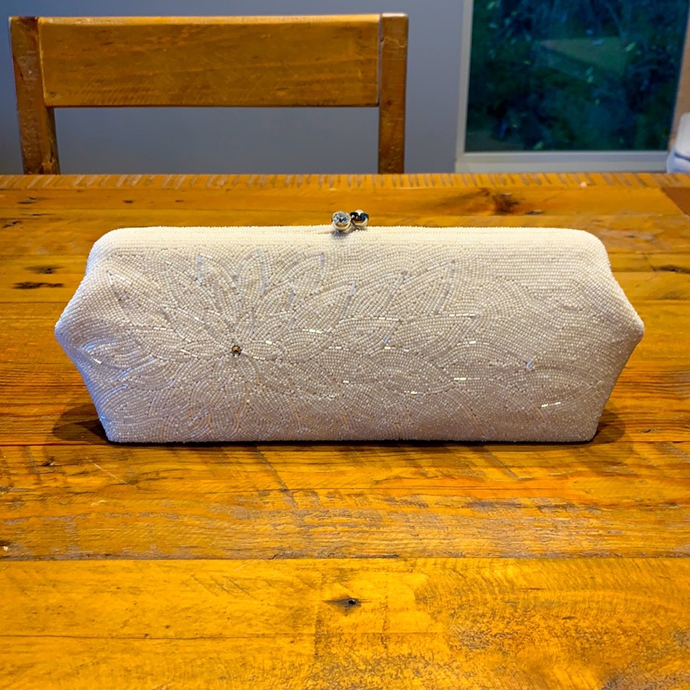 Golden Rose Vintage White Beaded Clutch with Intricate Flower Petal Detail